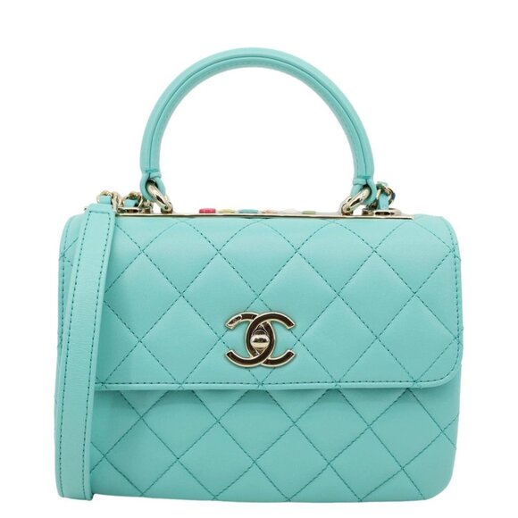 Chanel  Trendy CC Flap Mini Quilted Lambskin Top Handle Shoulder Bag Turquoise - Picture 1 of 12